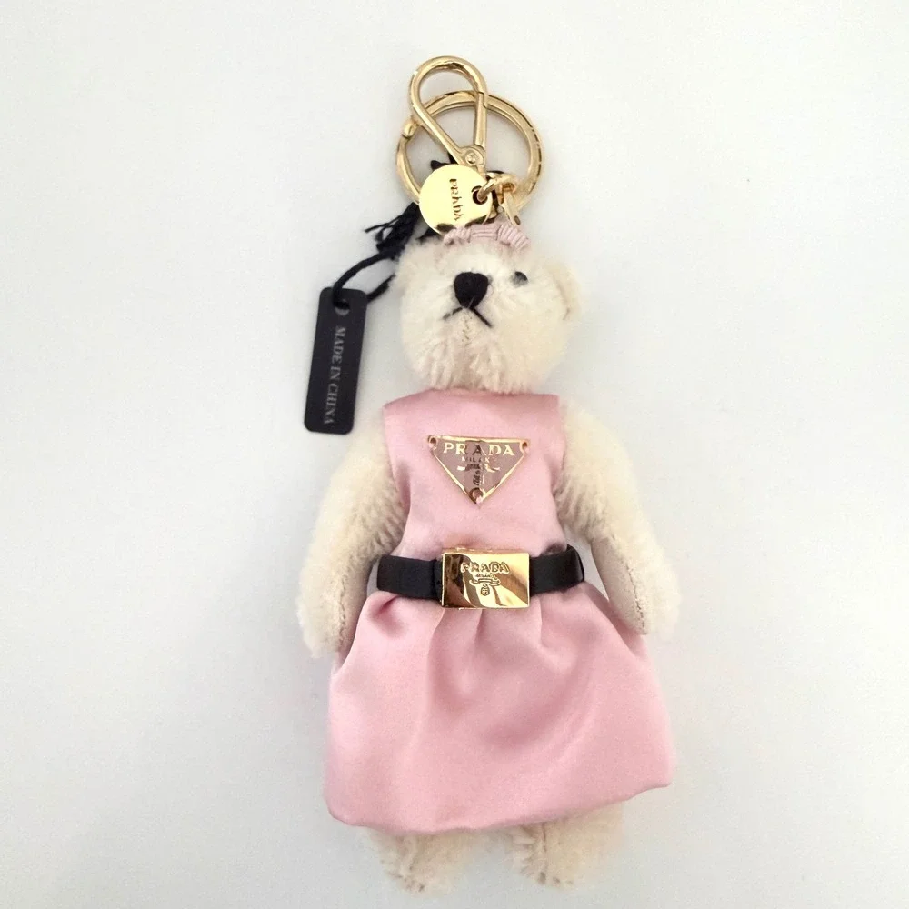 Prada Orsetto Grace Bear Keychain Pink Satin Dress Gold Hardware 1TO067